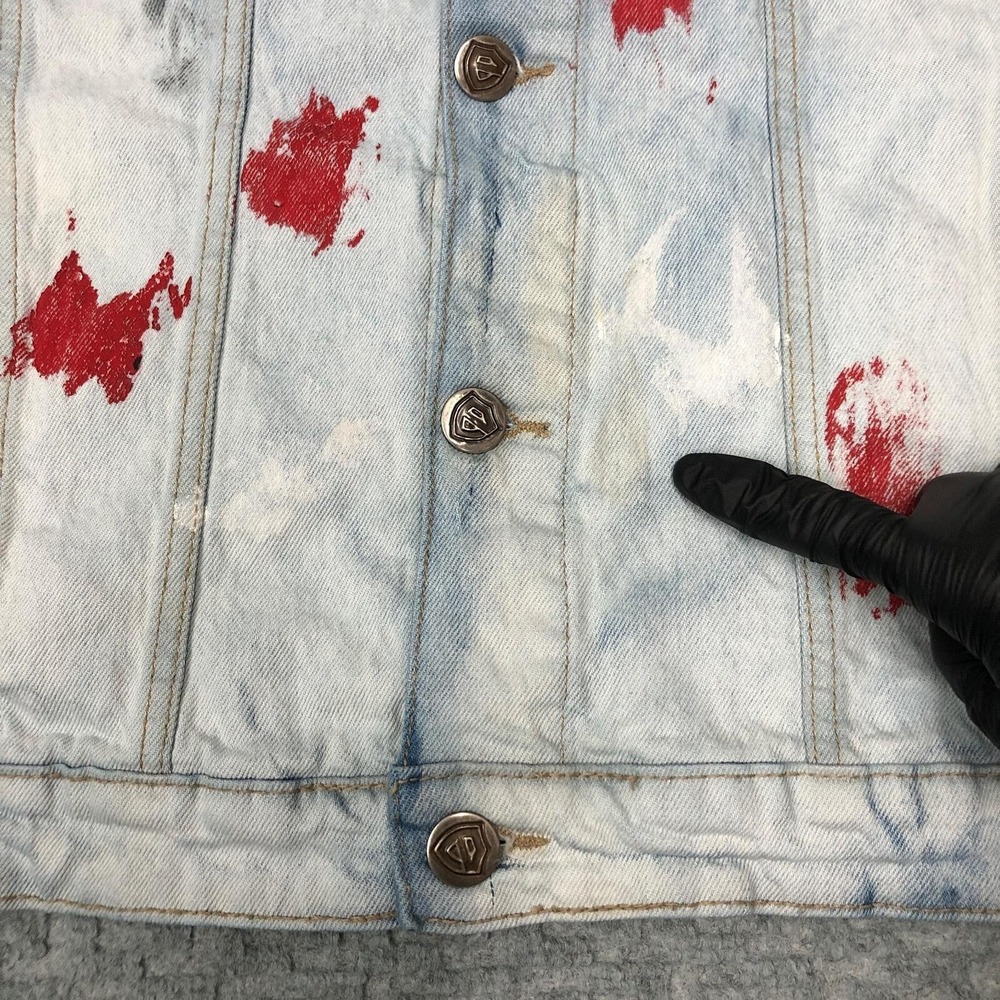 Encrypted Jacket Mens XL Light Wash Denim Distressed Paint Splatter Trucker Norm - Picture 12 of 14